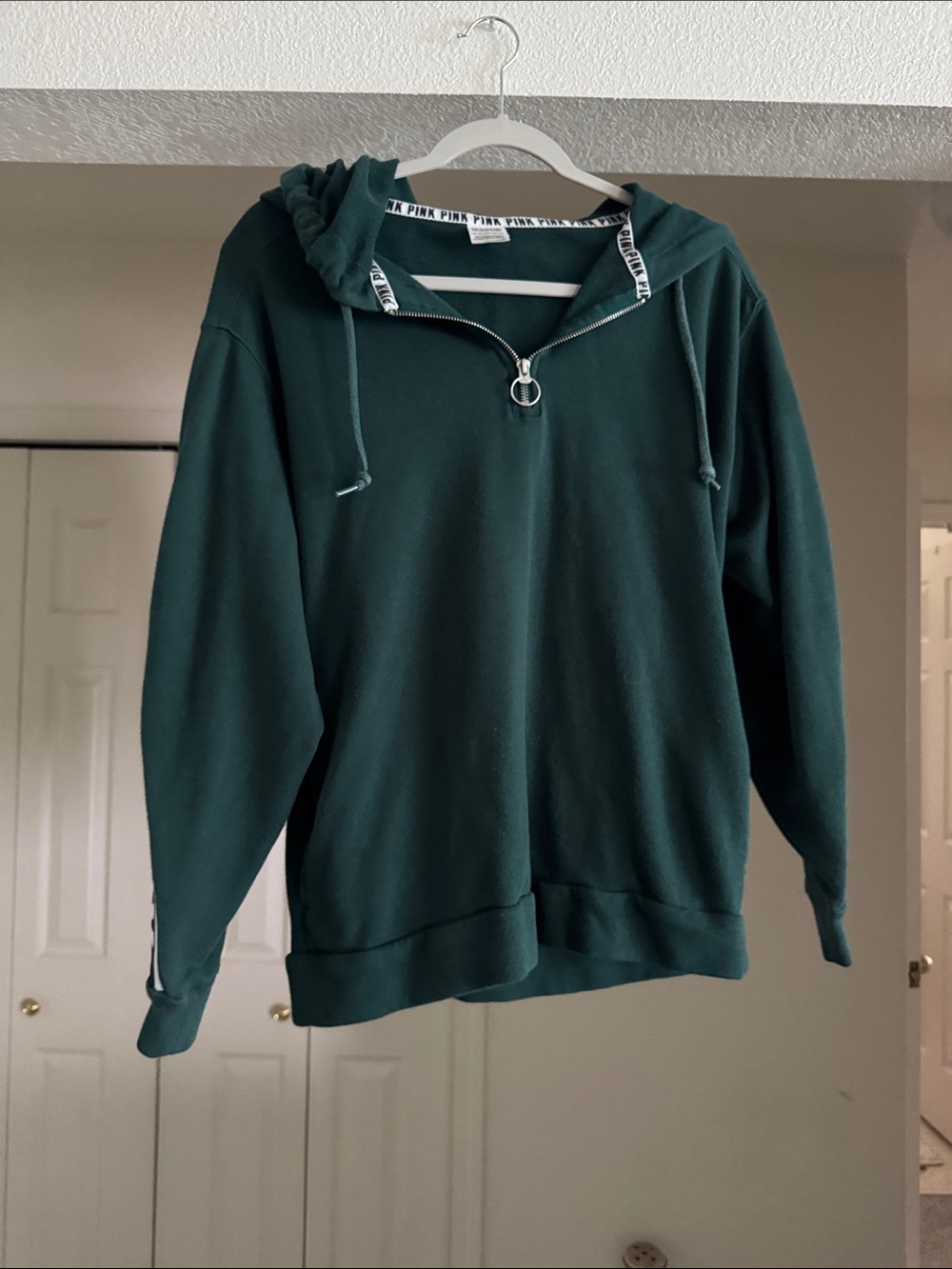 PINK Victoria's Secret Forest Green Hoodie with Logo Sleeve Panels XS